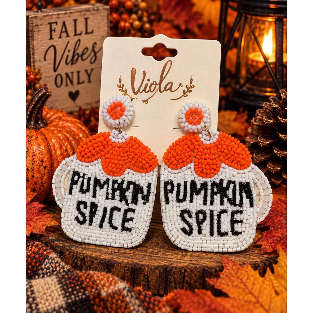 Pumpkin Spice Seed Bead Earrings Fall Coffee Mug Statement Earrings